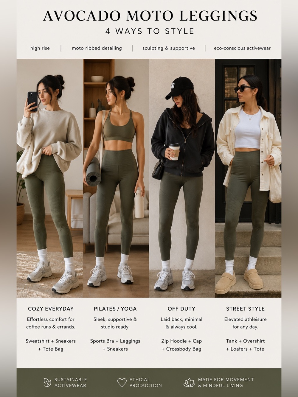 Avocado Olive Green Moto Ribbed High Rise Leggings